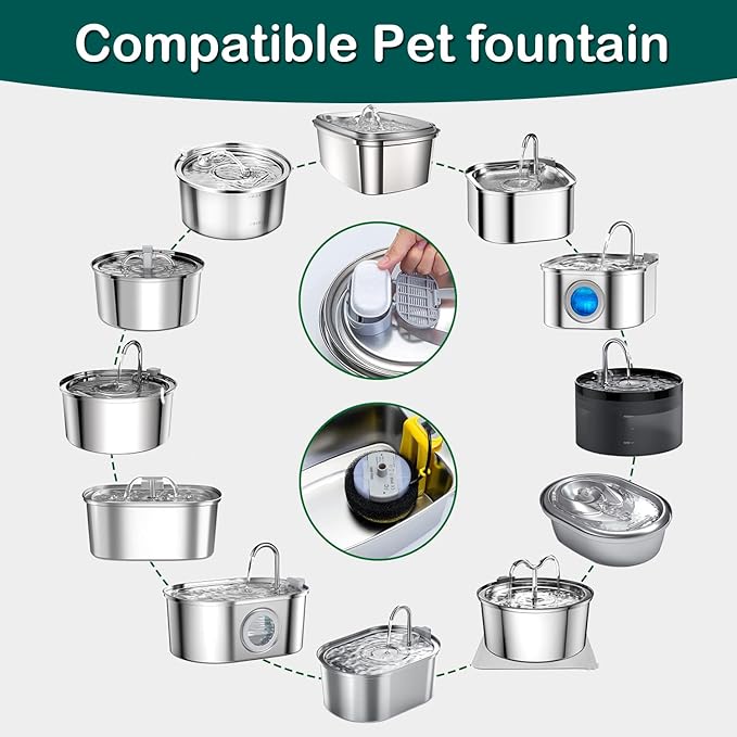 Cat Water Fountain Filter,16 Pack Cat Fountain Replacement Filters for Stainless Steel 67oz/2L Adjustable Water Flow Pet Water Fountain,Dog Water Fountain (8+8 Pack)