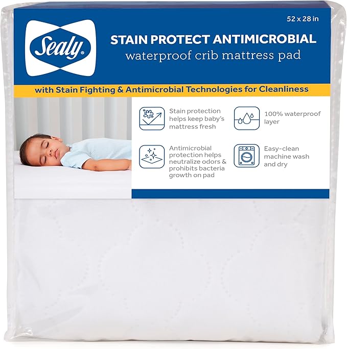 Sealy Baby Stain Protect Antimicrobial Fitted Waterproof Infant Crib Mattress Protector Pad and Toddler Bed Cover, Durable and Comfortable Topper, Machine Washable & Dryer Friendly, 52” x 28”- White