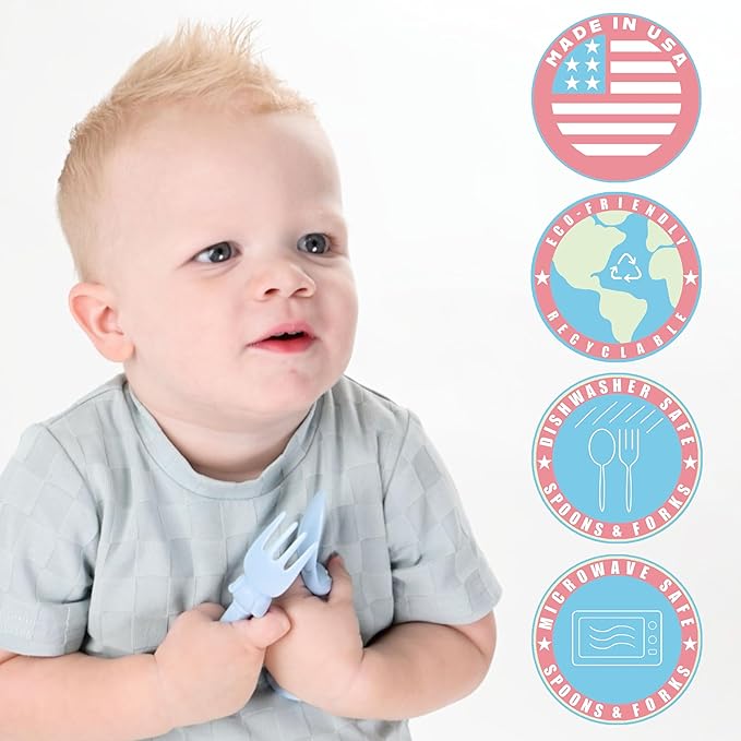 Made in USA Spoon la la Toddler Utensils Set (2 Pack) & Board Book - Spoon & Fork for Kids, Self-Standing 3D Ergonomic Cat & Dog Handles, BPA-free, Dishwasher Safe Baby Silverware (Blue)