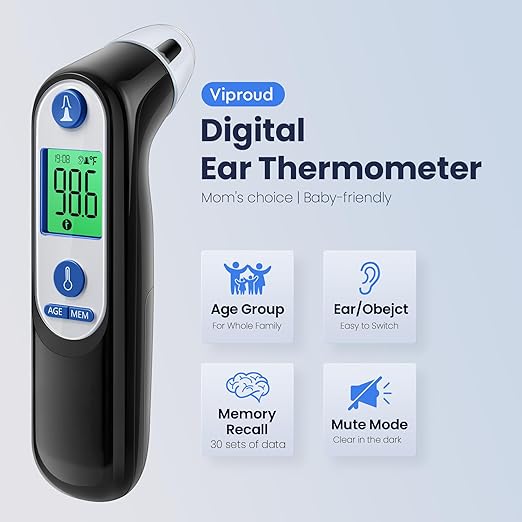 Ear Thermometer for Kids, Babies and Adults, 1 Second Accurate Digital Thermometer, Mute Function, 3-Color Fever Alert, 3 Age Groups, 30 Memory Recall with 20x Probe Covers (LCD-Black)