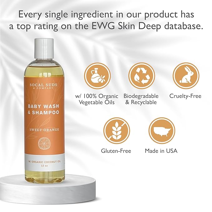 SoCal Suds & Company Baby Shampoo & Body Wash, 2-in-1 Organic Gel-Gentle Castile Soap with Vitamin-Infused Oils & Botanicals - Natural Care for Sensitive Skin Hypoallergenic - 12oz Sweet Orange 2-Pack