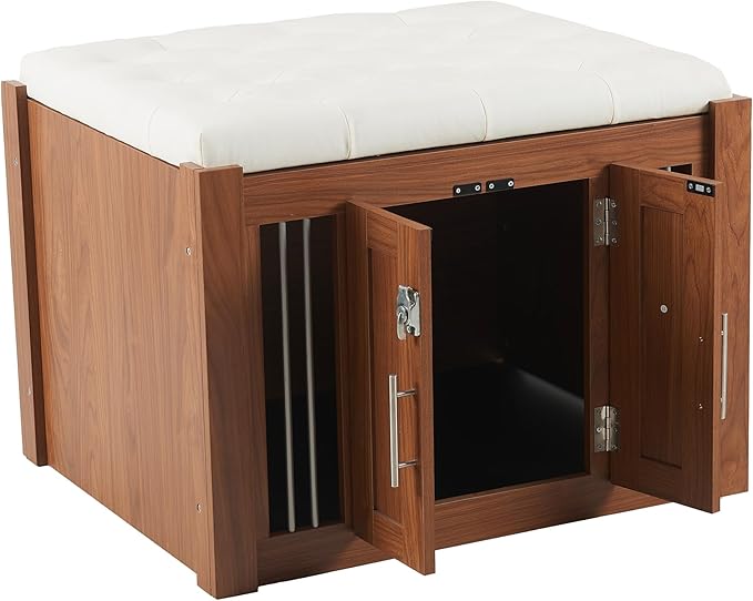 2 in 1 Night Stand with Storage & Dog Crate Furniture, Luxury Wooden Side Table Dog Kennel, Dogs Cage House Kennel End of Bed Bench Ottoman with Removable Cushion,Walnut-MDFMetal