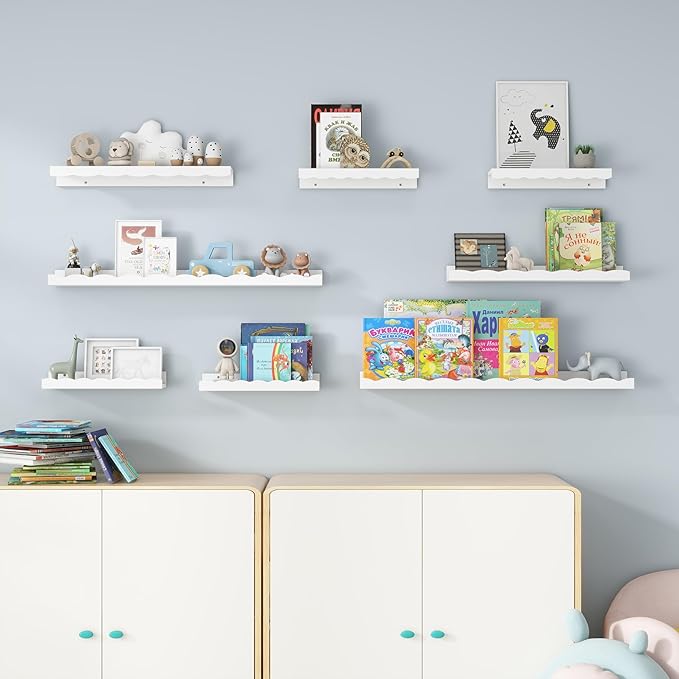 Fun Memories Picture Ledge Shelf for Wall, 24 inch Pine Wood Nursery Book Shelves Set of 2- Wall Book Shelves for Kids Room, Home Decor - Kitchen Spice-White
