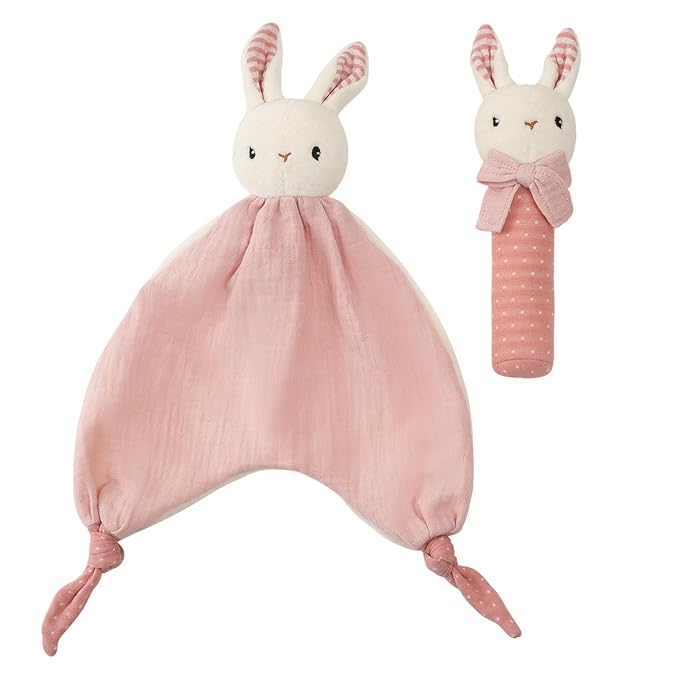 Organic Cotton Stuffed Animal Rattle Baby Toys, Hand Grip Rattle Squeaker Sticks Toys, Bunny Cuddle Cloth and Ring Rattle Plush Toy Set for Newborns Infant Boys Girls, 2 PCS