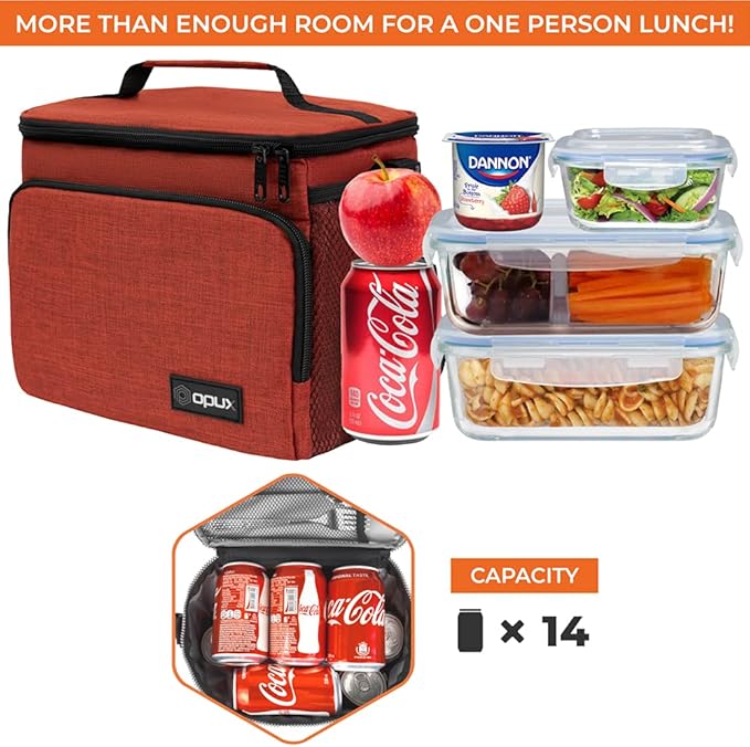 opux Insulated Lunch Bag for Men Women, Soft Lunch Box for Office Work School Picnic, Leakproof Lunch Cooler Bag with Shoulder Strap for Kid Adult Boy Girl, Medium Lunchbox Lunch Tote (Heather Red)