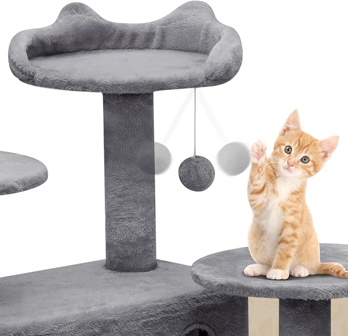 Athena Collection Cat Climbing Tree - 70 Inch Indoor Cat Activity Center with Multi-Levels, Cat Condo, Scratching Post, Dangling Ball, Dark Gray