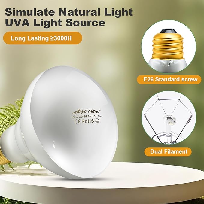 2Pack Reptile Heat Lamp, 150W Reptile Heat Emitter Basking Spot Light, UVA Daylight Heat Lamp Bulbs for Chickens Coop Reptiles Pets Brooder Use
