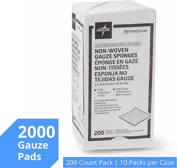 Medline Non-Woven Non-Sterile, Rayon/Poly Gauze Sponge, 4 x 4, 4-Ply (10 Packs of 200)
