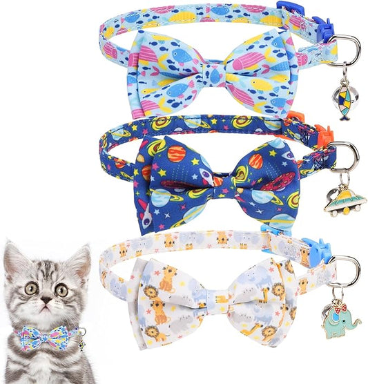 KOOLTAIL Boy Cat Collar Breakaway with Removable Bow Tie and Bell,3 Pack Fancy Cute Safety Buckle Kitten Collars with Charm Pendant, Adjustable Soft Pet Collars for Kitty Small Cats