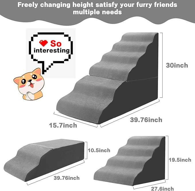 Dog Stairs for High Beds 30-36 inches Tall, 6-Step Dog Steps for Bed 32-36 inches for Small Large Dogs, Doggie Ramp for Bed, 30D Foam Pet Stairs for Old Dogs/Cats, Free-Installation, Grey