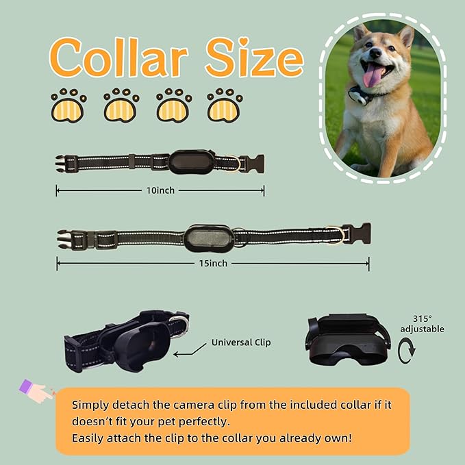 WHALPAW HD 1080P Pet Camera Collar - 64GB Mini Action Cam for Cats/Dogs, Wearable Body Camera with 170° Lens & Adjustable Clip, No WiFi Needed (Black 64G)