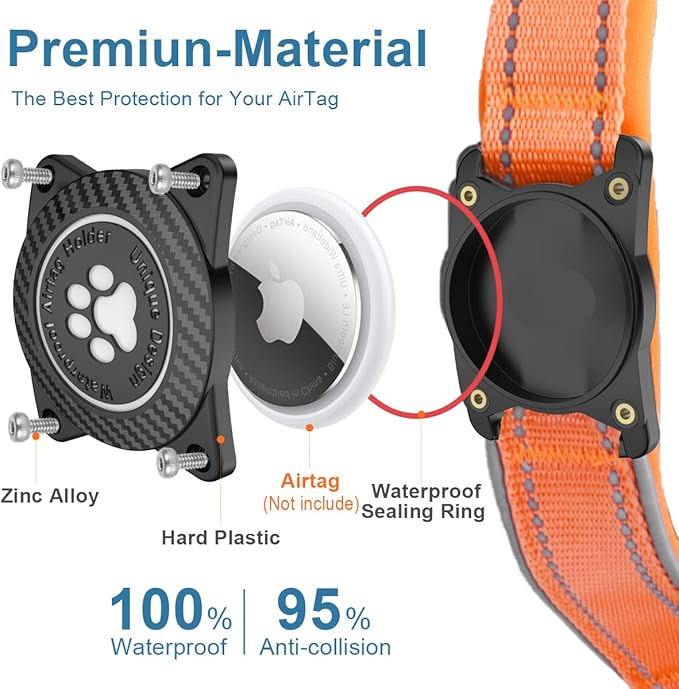 Airtag Dog Collar with Waterproof Air Tag Holder, Luminous Reflective, Soft Padded, Adjustable Nylon Pet Collar for Small Medium Large Heavy Duty Dogs,Orange, M