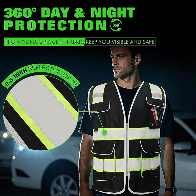 BeautyWill ANSI Certified Custom Logo Safety Vest 8-Pockets Class2 High Visibility Reflective Vest for Men - Personalized Logo Heavy-Duty Work Vest（Black，5Pack，4XL）