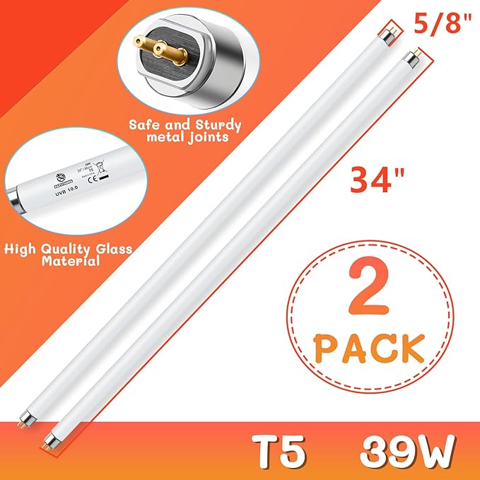 T5 UVB Reptile Light 39W 10.0, UVA Light Bulb for Reptiles, 2 Pack Lamp Tube for Bearded Dragon