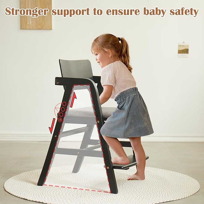 Solid Wood high Chairs for Toddlers,High Chair Grows with Kid for Dining, Study Chair for Children, Black