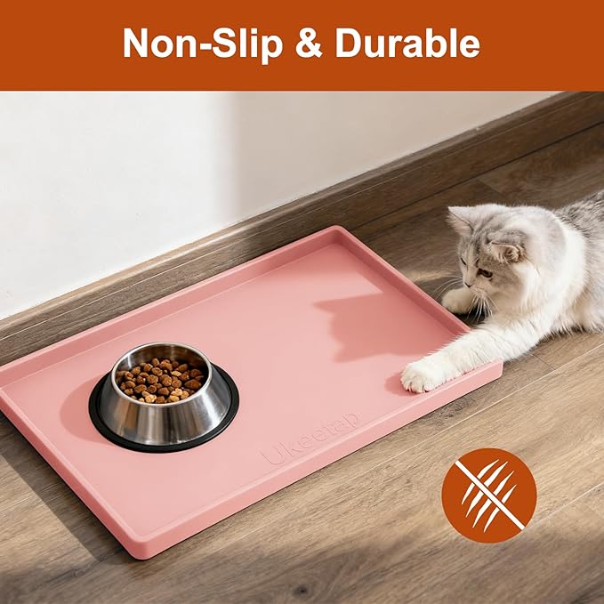Extra Thick Silicone Mat Waterproof with Raised Edge 19” x 12”, BPA Free Non-Slip Dog & Cat Food Mat, Feeding Mat for Food and Water Bowls, Spill Proof Mat to Protect Floors, Pink