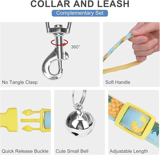 EXPAWLORER Small Dog Harness and Leash Set - Cute Puppy Harness Leash Dog Collar with AirTag Holder Silicone Case, Soft Padded Step in Pet Vest Reflective for Outdoor Walking, Pineapple S