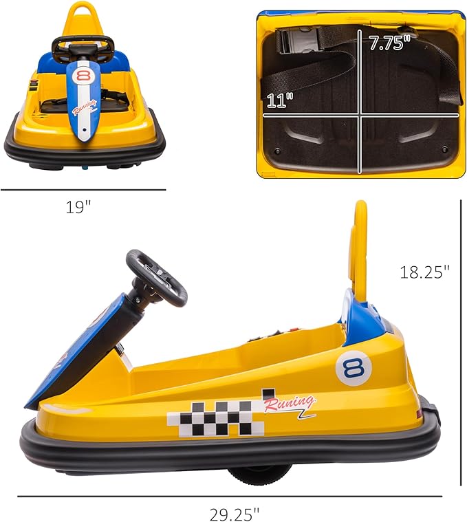 Aosom Toddler Bumper Car, 360° Rotation 6V Kids Electric Ride on Bumper Car with EVA Bumper Edges, Twins Motor, Songs, Horn, LED Lights, Safety Belt for 18-48 Months, Yellow