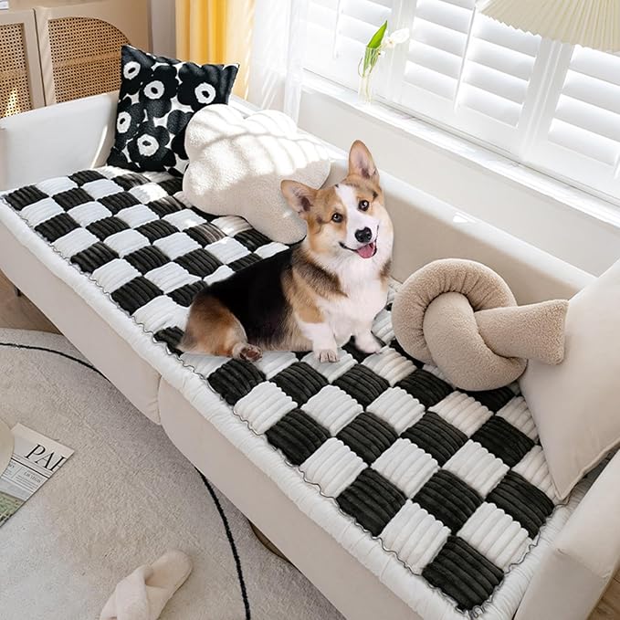 FunnyFuzzy Cream-Coloured Plaid Square Pet Mat Bed Couch Cover, Winter Thickened Dog Bed Cover Pet Blanket Sofa Couch Furniture Protector for Kids Dog Cat(Size:27.6 * 82.7 in,Color:Black)