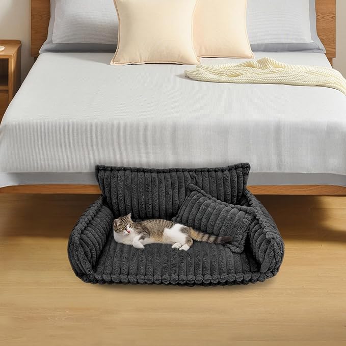 Pet Couch Calming Bed, Pet Couch with Removable Washable Cover, Plush Pets Sofa for Indoor Use, Supportive Orthopedic Dog Bed (Dark Grey)