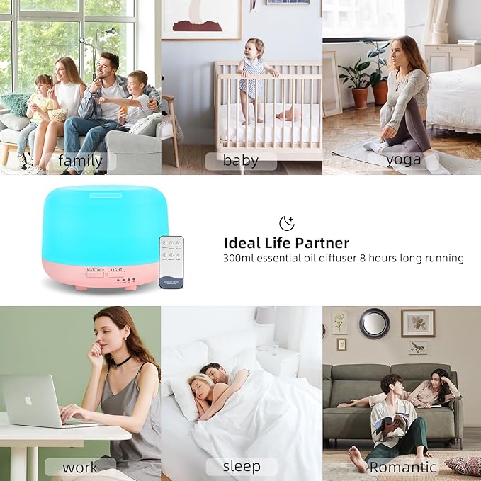 300ML Essential Oil Diffusesrs Remote Control, Aromatherapy Ultrasonic Diffuser, Cool Mist Aroma Humidfier Diffuser, 7 Color Changing LED Light, Auto-Off, Timer for Home, Room, Office, Kids.(Pink)