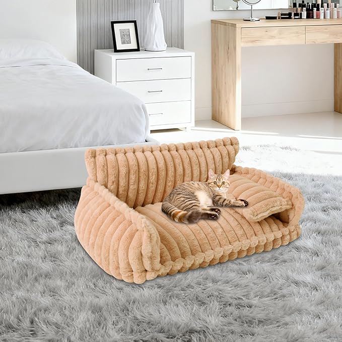 Cozy Pet Couch Bed for Dogs & Cats, Removable Washable Fluffy Couch with Pillow, Non-Slip Soft Cat Dog Bed Large, Modern Pet Furniture Sofa for Small Medium Pets(Caramel)