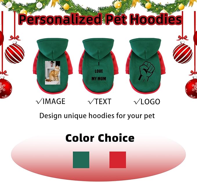 Custom Dog Hoodie, Personalized Sweatshirt with Photo Text Name Logo, Customized Hooded Sweater for Small Medium Large Dogs & Cats (Green + Red Border, Large)