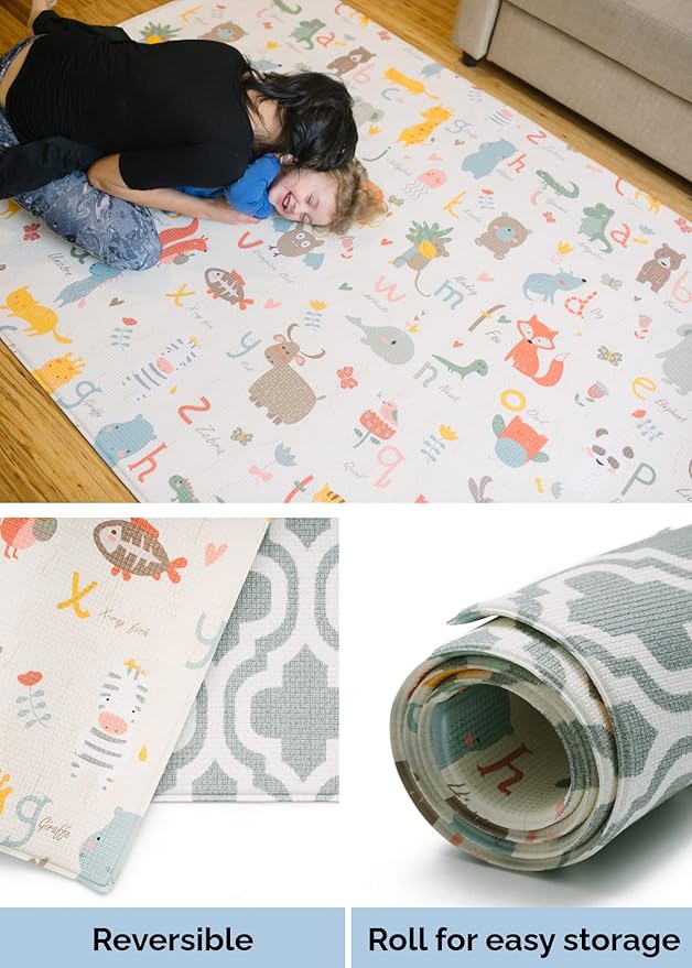 Baby Care Play Mat (Medium, Moroccan - Blue) 73’’ x 49’’ Original One-Piece Reversible Rollable Waterproof Play Mat for Infants, Babies, Toddler, and Kids