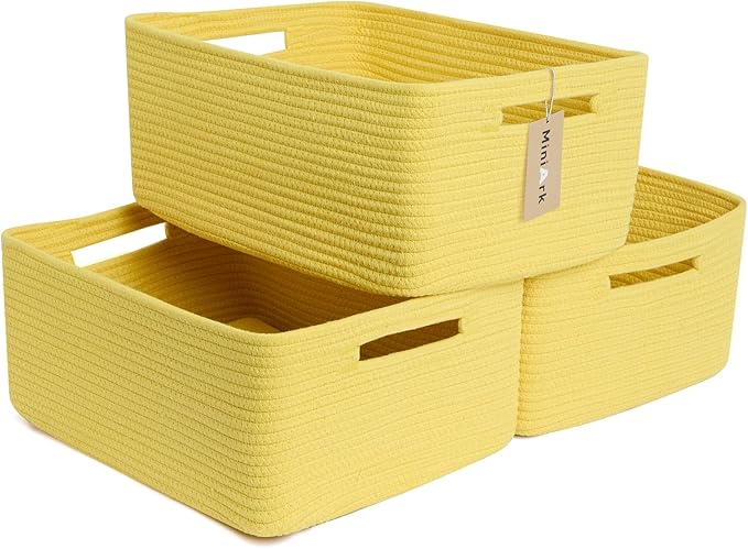 Large Storage Baskets for Shelves, Closet Organizers Bins for Clothes Blanket Towels, Baby Nursery, Toy Baskets Box, Woven Rope Baskets, 17 x 13 x 7.5”, 3 Packs Yellow