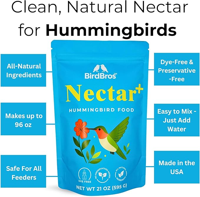 BIRDBROS Hummingbird Nectar Powder Nectar+ Hummingbird Food for Feeders – All-Natural, Dye-Free, No Boil, Easy Mix – Pure Cane Sugar, Hummingbird Feeder Refill, Made in USA – Makes 96 oz