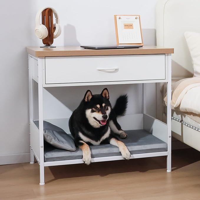 Multi-Functional Dog Bed End Table with Storage Drawer, Open Design Pet Bed with Removable Washable Cushion, Comfortable Resting Spot for Small & Medium Dogs, Indoor Use (White)