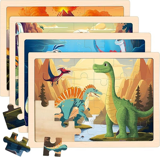 Wooden Dinosaurs Puzzles for Kids Age 3 4 5 Year Old, 4 Pack 24 Pcs Montessori Toddler Jigsaw Puzzles for Girl boy Activities Preschool Learning Educational Birthday Gift Travel Autistic Wooden Toys