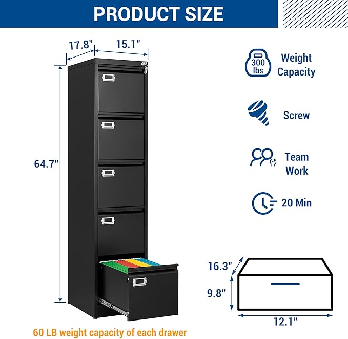 File Cabinets - 5 Drawers Vertical 17.8" Deep Lockable Filing Cabinet - Black & Gray Metal Storage Cabinets for Home Office to Hanging Files Letter/Legal/F4/A4 Size