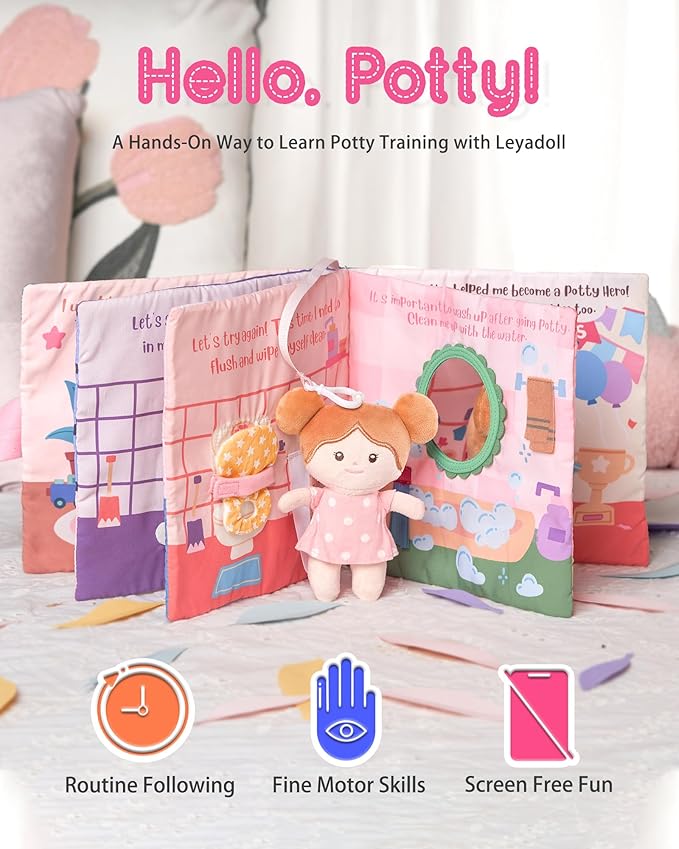 Interactive Sensory Soft Cloth Book, Educational Crinkle Quiet Activity Busy Book for Babies,Toddler Travel Toy Gift for Boys and Girls (Hello Potty)