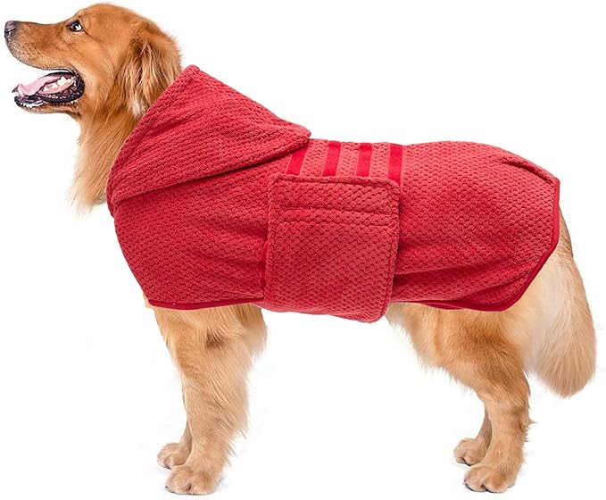 Geyecete Pineapple Grid Dog Drying Coat with Hood - Red, XL