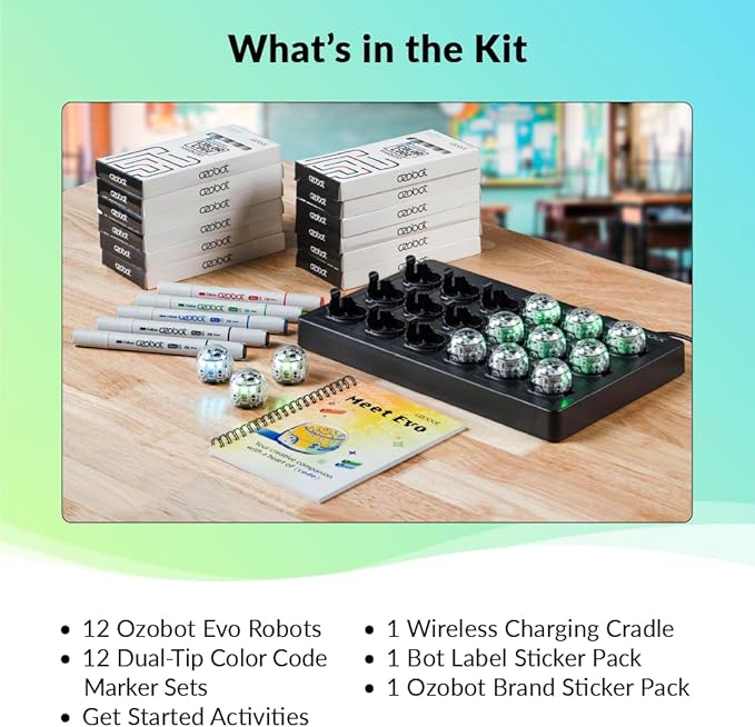 Evo Classroom Kit (12 Bots): Interactive Coding Robot, Kids Ages 5+, Includes 12 Evo Robots, Color Code Markers, Charging Cradle, Bot Stickers, Access to 700+ STEAM Lessons, Educators & Parents