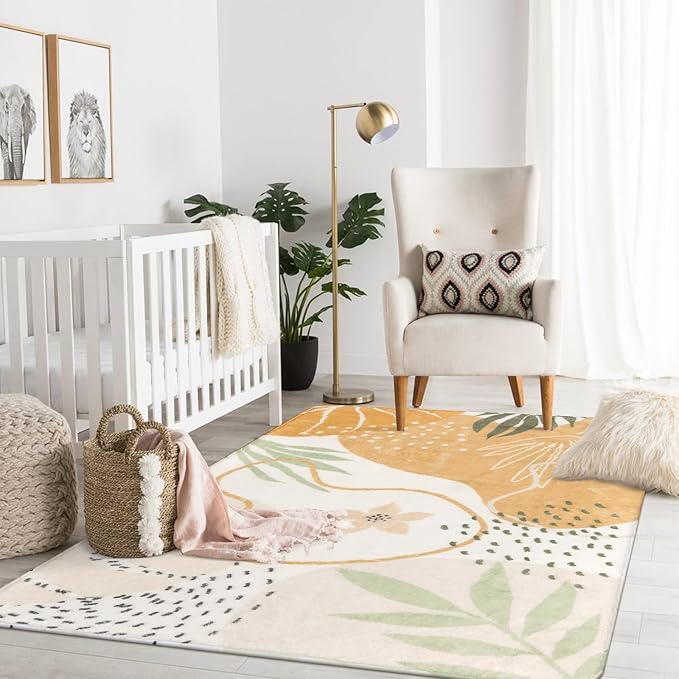 Lahome Washable Area Rug for Living Room - 5x7 Rug for Classroom Throw Non-Slip Soft Rugs for Bedroom Aesthetic, Boho Taupe Botanical Print Indoor Capet for Kids Nursery Dorm Entryway Dining Room