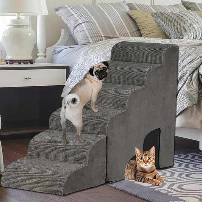 Dog Stairs for High Beds 25-30 inches Tall, 6-Step Dog Steps for High Bed for Doggies/Kitties, 30D Foam Pet Stairs Steps for Small Dogs, Doggie Ramp/Ladder for Old Dogs/Cats, Grey