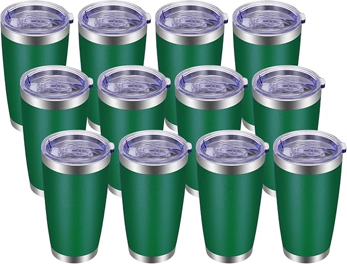VEGOND 20oz Tumbler with Lid and Straw Stainless Steel Tumbler Cup Bulk Vacuum Insulated Double Wall Travel Coffee Mug Powder Coated Coffee Cup(Powder Green 12 Pack)