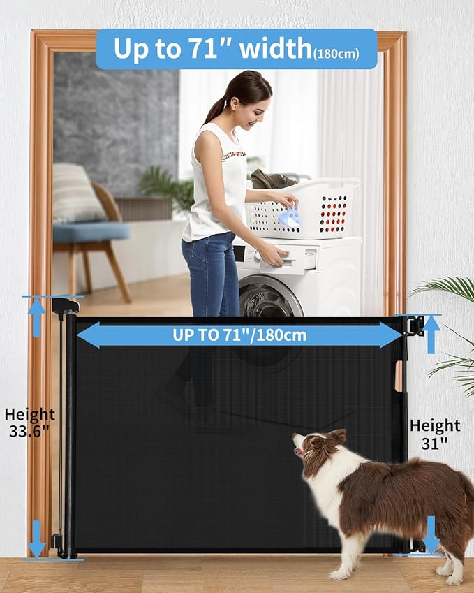 Retractable Baby Gate for Doorways and Stairs, Mesh Safety Gate for Pet, Indoor & Outdoor Use, One-Hand Operation, Easy Installation, 33.6" Tall, Expands to 71" Wide（Black,33.6"x71"）