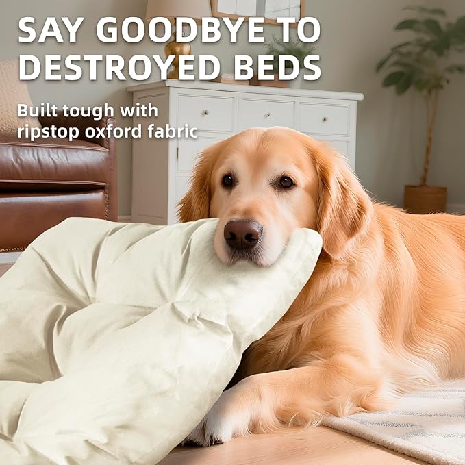 Chew Resistant Dog Bed for Small/Medium Dogs - Durable 29"x18" Kennel Pad with Soft Plush Filling, Machine Washable Crate Mat for Aggressive Chewers, Indoor Outdoor Pet Bed, Beige