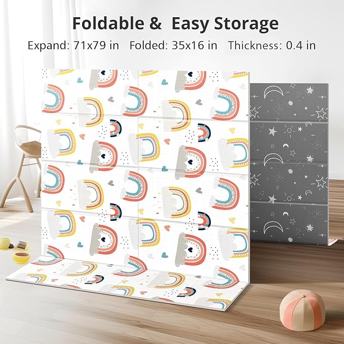 79 x 71 Baby Play Mats for Floor, Foldable Foam Play Mat for Babies 0-12 months,Thick & Waterproof Playmate for Baby, Non Toxic Baby Tummy Time Activity Playmat, Reversible Playpen Mat for Infant Toddlers