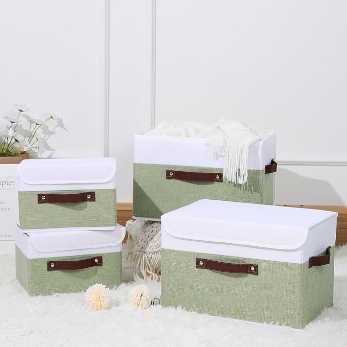 ANMINY 2PCS Storage Boxes with Lid Washable Decorative Storage Bins Basket with PU Leather Handle Foldable Linen Fabric Storage Cubes Containers for Home Closet Organizer - Green White, Large Size