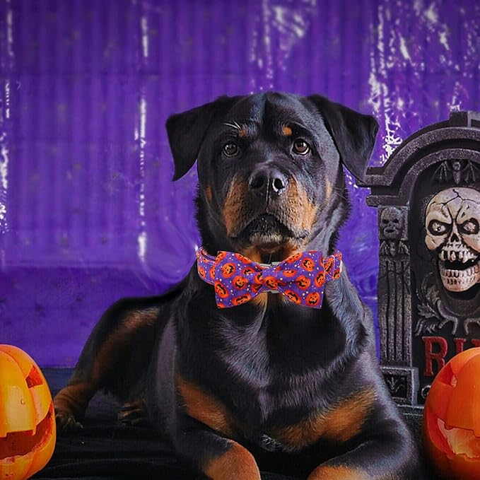 Dog Collar - Halloween Pumpkin Bowtie Pet Collar Gift Soft Bow Collar Pet Adjustable Metal Buckle Puppy Collars for Large Dogs