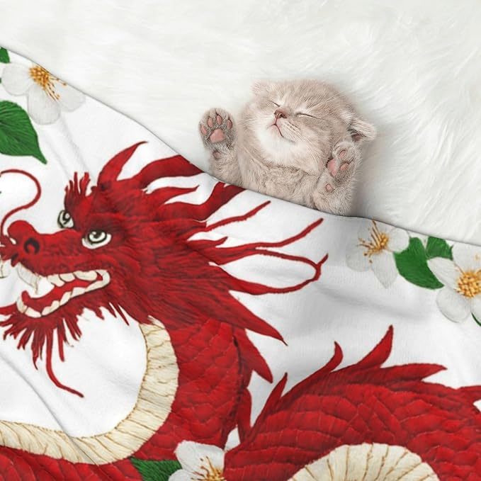 Reversible Dog Blanket for Beds Couches, Floral Chinese Japanese Dragon Flower, Double Sided Cat Blanket with Textured Dot Feel and Smooth Feel for Seasonal Comfort All Year