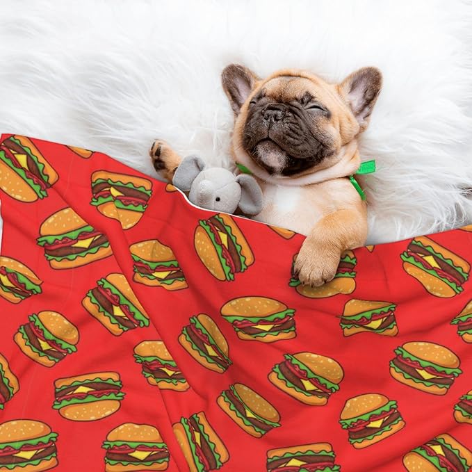 Pet Blanket for Car Rides Vet Visits, Burger Hamburger Pattern Red, Two Sided Reversible Plush Design with Bumpy Dot Side Offers Comfort Home Piece On Go Travel