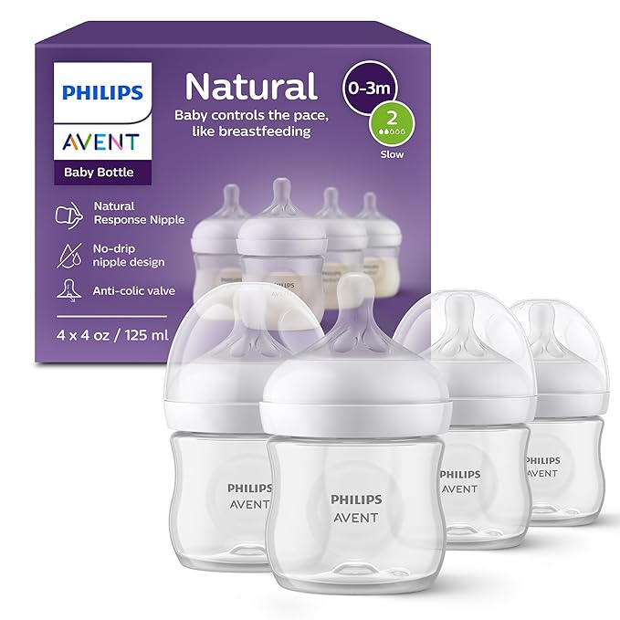 Philips Avent Natural Baby Bottles with Natural Response Nipples (Slow Flow, Flow 2), 4oz, 4-Pack, SCY900/04