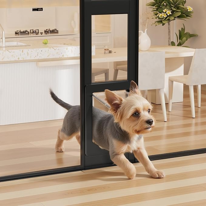 Dog Door for Sliding Glass Door with Magnetic Plastic Flat, Sliding Door Pet Doggie Door Insert with Lock, Adjustable Height No-Cut Required Doggy Door Access Renters, Apartments, Patio (Black, L)