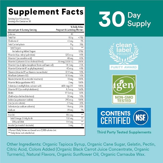 SmartyPants Prenatal Vitamins for Women, Multivitamin Gummies: Omega 3 Fish Oil (EPA/DHA), Biotin, Methylfolate, Vitamin D3, C, Vitamin B12, B6, A, K & Zinc, Inositol, 120 Count (30 Day Supply)