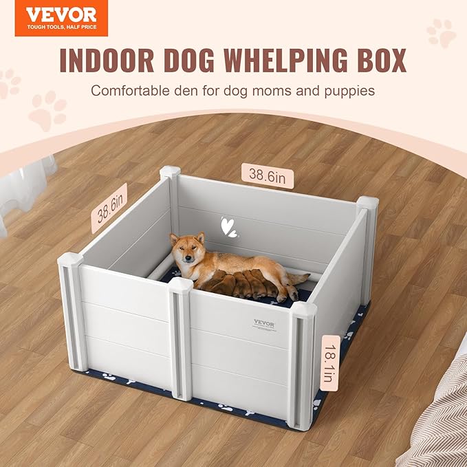 VEVOR Whelping Box for Dog, 38.6 x 38.6 x 18.1in Whelping Pen for Puppies, Dog Birthing Box with Rails and Washable Pee Pad, Whelping Box for Medium Breed Dogs, White